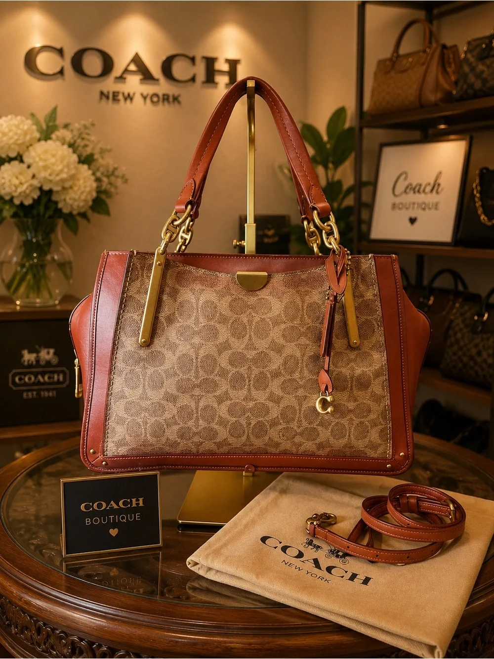Coach Dreamer Brown Signature Canvas Satchel with Saddle Leather Trim